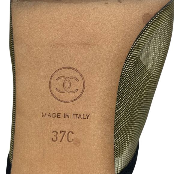 Chanel Mesh Goatskin Pearl Heel Mules Slip On Black Tan Size 37.5C - Picture 12 of 14